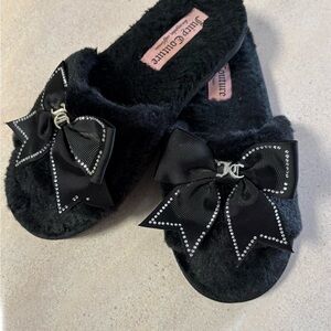 Juicy Couture Black Slippers with Rhinestone Bow